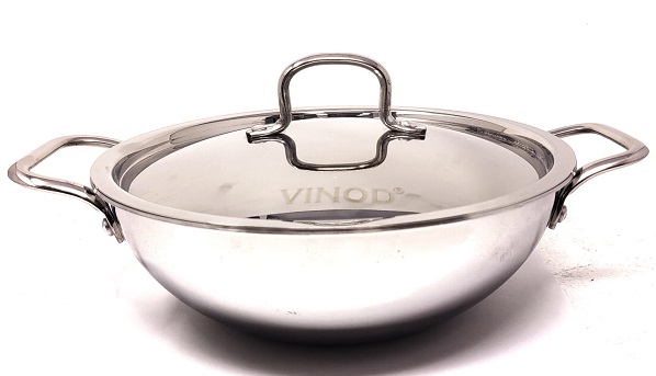 Vinod Platinum Triply Stainless Steel Extra Deep Kadai W Lid - 24cm 3.3ltrs