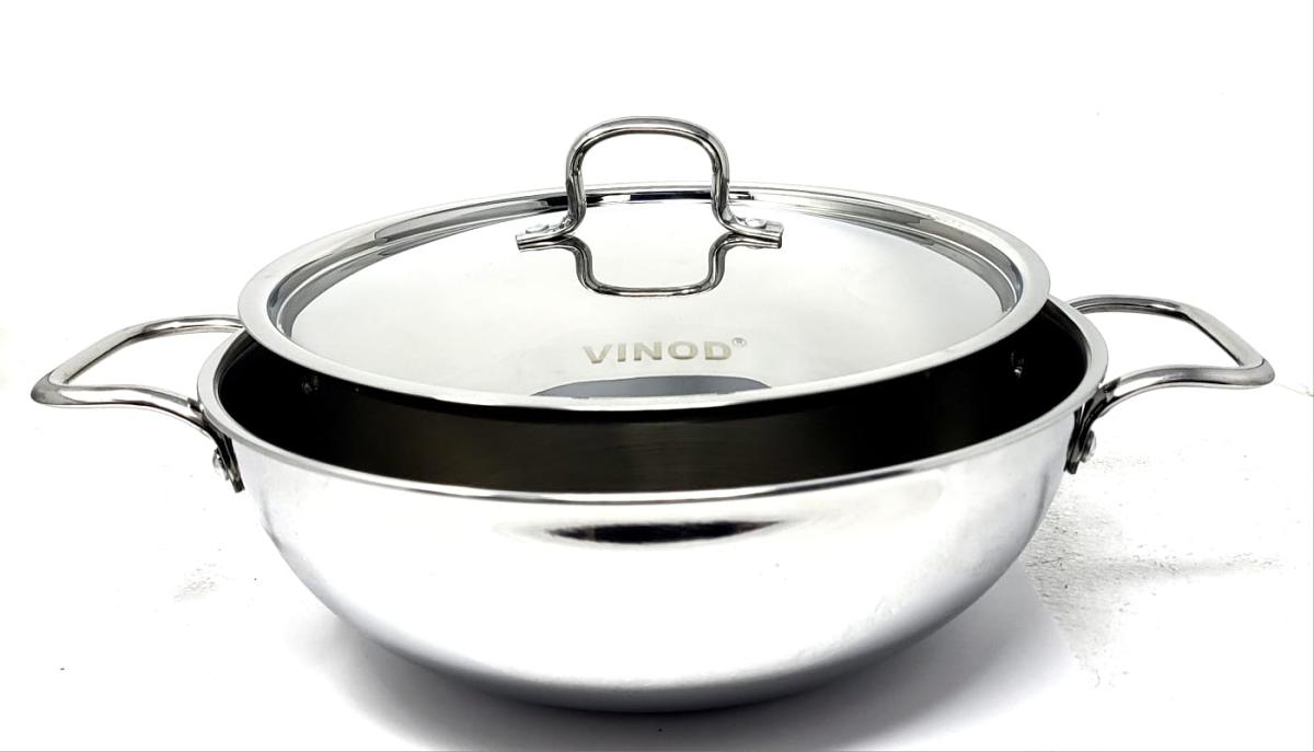 Vinod Platinum Triply Stainless Steel Extra Deep Kadai W Lid -28cm 4.5Ltrs
