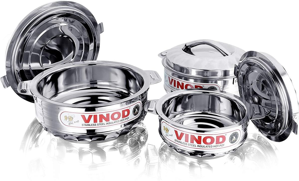 Vinod Stainless Steel Cold Hot Pot Food Insulated Casserole Double Wall 3pc Vinod Stainless Steel Cold Hot Pot Food Insulated Casserole Double Wall 3pc