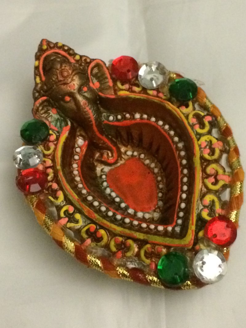 Decorative Ganesha Clay Diya with Stone Work
