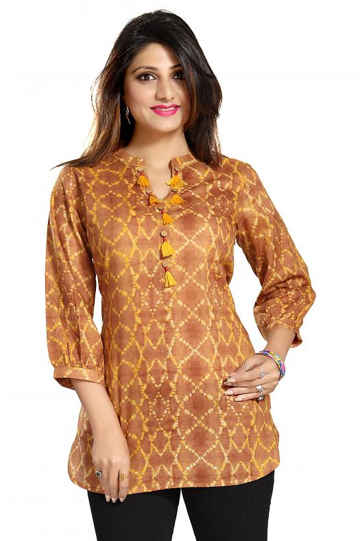 Cute Bright Gold Yellow Printed Cotton Short Kurti Tunic - Size 40 Cute Bright Gold Yellow Printed Cotton Short Kurti Tunic - Size 40
