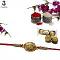 Golden Shri Rakhi W/ Traditional Handcrafted Ornaments + Roli & Chaval Golden Shri Rakhi W/ Traditional Handcrafted Ornaments + Roli & Chaval