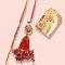 Fancy Lumba Rakhi With Red Pebbles and Beads + Roli & Chaval