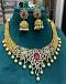 Changeable Stone Gold Finish Floral Big Necklace with Jhumkas- 4 Colors-Red Changeable Stone Gold Finish Floral Big Necklace with Jhumkas- 4 Colors-Red
