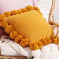 SOGA 2X 45cm Mustard Yellow Ribbed Pillow Cover with Decorative Pom Poms