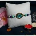 Turquoise Gem Rakhi With Beautiful Blue Beads + Roli & Chaval