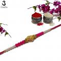 RAKHI Designed w/ Golden Flower & Pink Beads for Brother