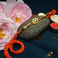 Antique Rajwadi Rakhi Surrounded By Exquisite Beads + Roli/Chaval