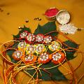 Auspicious Flower Rakhi W/ Elegant thread work + Roli & Chaval Auspicious Flower Rakhi W/ Elegant thread work + Roli & Chaval