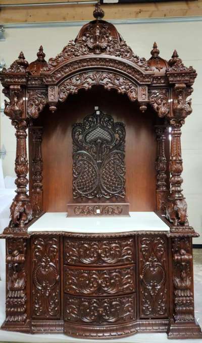 Beautifully Carved Extra Large Wooden Mandir W/ Marble Platform - 48" Wide
