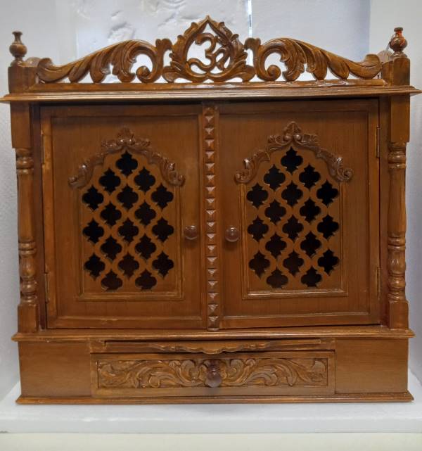 Beautifully Carved Wooden Mandir W/Jali Doors - 28" Wide