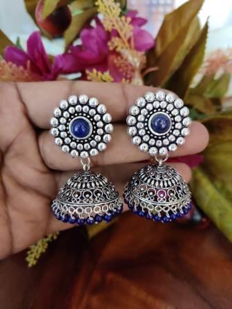 Traditional Design Oxidized Carving Jhumka Earrings w/ Blue Stone Traditional Design Oxidized Carving Jhumka Earrings w/ Blue Stone