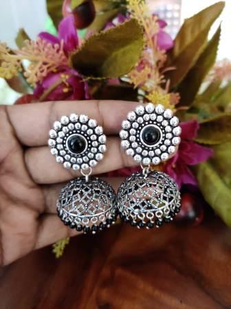Beautiful Traditional Oxidized Carving Jhumka Earrings w/ Black Stone Beautiful Traditional Oxidized Carving Jhumka Earrings w/ Black Stone