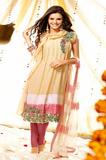 Beige & Pink Jacquard & Crepe Blend Unstitched Dress Material