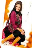 Dark Pink & Black Georgette & Crepe Blend Unstitched Dress Material
