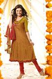 Green & Orange Georgette & Crepe Blend Unstitched Dress Material