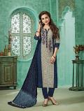 Pleasing Feel Gray & Blue Embroidered Churidaar Suit ( L )