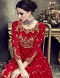 Bright Red & Gold Anarkali Suit w/ Heavy Thread Work - Unstitched Bright Red & Gold Anarkali Suit w/ Heavy Thread Work - Unstitched