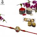 Beautiful Mayuri Rakhi in Gold W/ Red Beads + Roli & Chaval