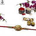 Golden Shri Rakhi W/ Traditional Handcrafted Ornaments + Roli & Chaval