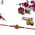 Elegant Coral Rakhi Swirled W/ Mahogany Diamonds & Peals + Roli & Chaval Elegant Coral Rakhi Swirled W/ Mahogany Diamonds & Peals + Roli & Chaval