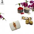 Ruby Stone rakhi Engraved W/ Gold Design & Polished Pearls + Roli & Chaval Ruby Stone rakhi Engraved W/ Gold Design & Polished Pearls + Roli & Chaval
