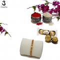 Traditional Golden RAKHI W/ Beads and Diamonds On Rings + Roli & Chaval Traditional Golden RAKHI W/ Beads and Diamonds On Rings + Roli & Chaval