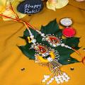 Beautiful Pachhi Bhaiya Bhabhi Rakhi W/ Kadi Kundan Work + Roli/Chaval Beautiful Pachhi Bhaiya Bhabhi Rakhi W/ Kadi Kundan Work + Roli/Chaval