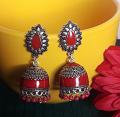Traditional Design Antique Finish Jhumki in Red and Silver