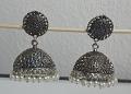 Jhumki in German Silver with Antique Finish w/ White Dangling Beads