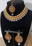 Indian Fashion Jewellery, kundan & pearl choker  with earring & maang tikka