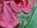 Pure Linen Saree in Pink & Green w/ Embroidered Blouse Pure Linen Saree in Pink & Green w/ Embroidered Blouse
