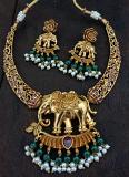 Temple Style Gold Finish Elephant Pendant Necklace with Earrings!!!