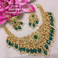 Grand Gold Finish Guttapusalu Necklace with Earrings- Emerald and White AD Grand Gold Finish Guttapusalu Necklace with Earrings- Emerald and White AD