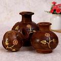 Antique Wooden Brass Flowers Home Decor Matki Set (3 Pcs)