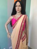 Party Wear Beautiful Beige Saree w/ Pink Stone & Pearl Border (Only Saree) Party Wear Beautiful Beige Saree w/ Pink Stone & Pearl Border (Only Saree)