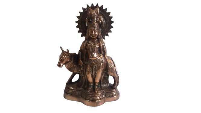 Artistic Black Metal Statue of Lord Krishna With Cow 24"