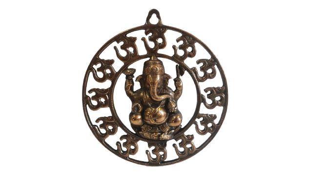 Black Metal Antique Wall Hanging Decor of Ganeshji With Circle of Om 12.5"