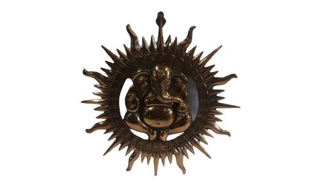 Black Metal Antique Wall Hanging Decor of Ganeshji W/ Base of Sun - 16" Black Metal Antique Wall Hanging Decor of Ganeshji W/ Base of Sun - 16"