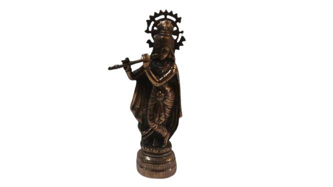 Artistic Black Metal Statue of Lord Krishna in his signature Pose 14.5"