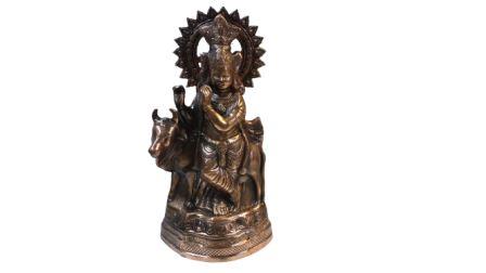 Artistic Black Metal Large Statue of Lord Krishna With Cow 34"