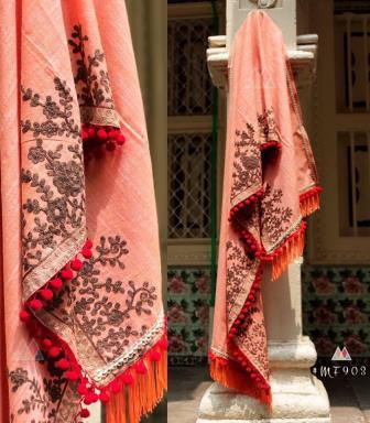 Soft Peach Unisex Embroidered Dupatta / Stole w. Lace Work # 3 Soft Peach Unisex Embroidered Dupatta / Stole w. Lace Work # 3