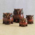 Handcrafted Set Of Multicolored Embossed Painted Wooden Owls Handcrafted Set Of Multicolored Embossed Painted Wooden Owls