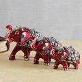 Handcrafted Multicolored Embossed Painted 3 Wooden Elephants Set Handcrafted Multicolored Embossed Painted 3 Wooden Elephants Set