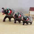 Handmade Embossed Painted 3 Wooden Elephants Set