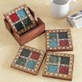 Wooden Mirror Work Coaster Set w/ Stand
