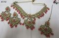 Indian Designer Gold Finish Pink Beads Necklace, Earrings & Tika Set
