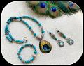 Turquoise Blue Peacock Pendant, Earrings Plus Stretchable Bracelet!!!