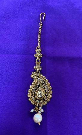 Mango Shape Kundan & Moti Work Golden Mang Tikka # 4