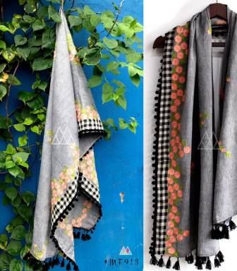 Embroidered Colorful Elegant Unisex Grey Stole Dupatta w/ Lace # 4 Embroidered Colorful Elegant Unisex Grey Stole Dupatta w/ Lace # 4